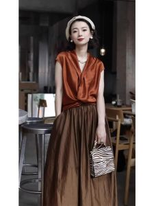 First-Line Brand Big Sale Leak-Picking Elegant Fan Fancy Caramel Acetate Satin Sleeveless Dress Suit