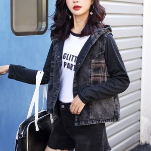Áo Vest Denim Nữ Mùa Hè Mỏng Cỡ Lớn Có Túi Nút Kẻ Caro Phong Cách Hàn Quốc Áo Khoác Ngoài Ngắn Cho Nữ