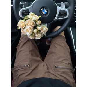 Quần Short Công Sở Màu Nâu Cạp Vừa Mùa Hè Mỏng Ống Đứng Túi Lớn Quần Dài Thường Ngày Phong Cách Mỹ Ngoài Trời Quần Dài Năm Mảnh