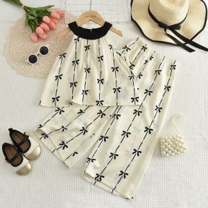 Bear Leader Baby Girl Summer New Clothes Sets Korean Version Bow Printing Sleeveless Hanging Neck Tops T-shirt and Wide Leg Pants 2 Pieces Casual Suits Kids Fashion Clothing