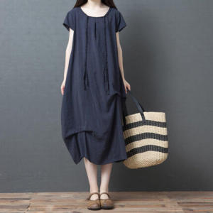 Summer 2025 Loose Large Size Linen A-Line Skirt Women Casual Stylish Midi Dress Short Sleeve Cotton Linen Dress Commute