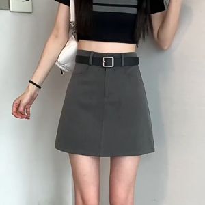 Vintage High Waist Korean Causal High Waist Temperament Belt Matching high waist A-line Skirt All-match Black Skirt for Women Bag Hip Skirt