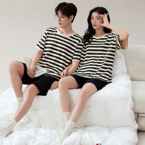 miiow | Womens Cotton Pajamas Short Sleeve Thin Home Clothes Short Pants Solid Color Couples Set Breathable Summer Sleepwear