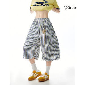 กางเกงขายาวลายสก็อตทรงหลวมสบาย ๆ แห้งเร็วสำหรับผู้หญิงในช่วงฤดูร้อน ทรงเอวสูง ผ้าฝ้าย สไตล์ทำงานไม่สมมาตร