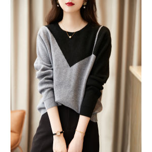 Outlets Big Brand Label Cutting Big Sale Fake Two-Piece Knitting Bottoming Shirt Womens Autumn and Winter Clothing Slim Looking Long Sleeves Elegant Tops