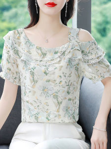 เสื้อเชิ้ตผ้าชีฟองแขนสั้นลายดอกไม้สำหรับผู้หญิง ทรงหลวม แขนกุด ผ้าฝ้ายผสมโพลีเอสเตอร์ ใส่สบาย ระบายอากาศได้ดี