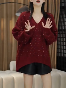 QINGNAER | Elegant Retro V-neck Red Large Size Soft Cozy Knitwear