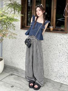 Summer New Style Womens Short Denim Halter Top Irregular Lace Trim Fly Sleeve Vest Fashionable Youthful Casual Loose Fit