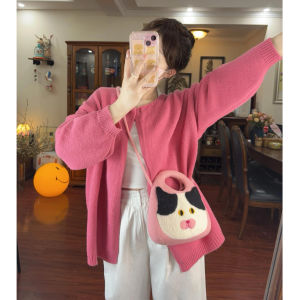 Raspberry Pink Soft Cozy Knitted Sweater Cardigan Womens Loose Versatile One Button Early Autumn Design Sweet Style Long Sleeve round Neck