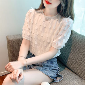 Phiên bản Hàn Quốc của phụ nữ phong cách ngắn tay ghép vải thời trang kim sa ngọt ngào Áo voan ammin đơn giản Mới Mùa Hè Áo Blouse thanh lịch ống tay phồng