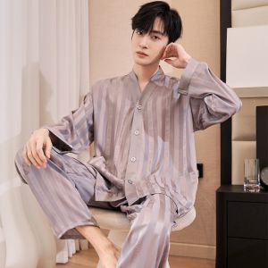 LEZIMENG | Mens Long Sleeve Ice Silk Autumn and Spring Sleepwear
