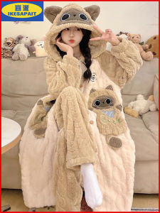 ชุดนอนผ้าขนแกะคอตตอนผสมขนนิ่มสำหรับผู้หญิง ฤดูใบไม้ผลิ ฤดูใบไม้ร่วง ฤดูหนาว ชุดนอนแขนยาว ปิดด้วยกระดุม สวมใส่สบาย