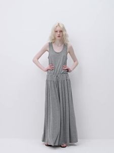 MO&Co. | Floral Gray Linen Blend Midi Dress U-neck Rolled Edge