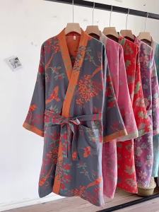 DGYBata Retro Japanese Womens Bathrobe Pure Cotton Jacquard Chiffon Kimono Sleepwear Yukata Home Robe Spring and AutumnNKP
