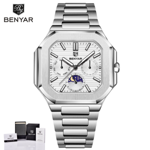 BENYAR | 2025 New BENYAR V2 Square Mens Watch Luxury Brand Stainless Steel Business Quartz Watch MenMoonphase Night Light Watch