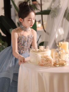 Elegant Blue Princess Dress for Girls Childrens Birthday Performance Outfit Lightweight Luxury Childrens Fashion