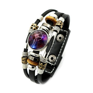 12 Constellation Leather Bracelet Zodiac Sign Glass Snap Button Bracelets For Men Women
