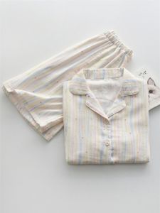 Summer Lightweight Pure Cotton Striped Sleepwear Womens Loose Short Sleeve Shorts Home Clothes Comfortable Breathable Nightgown