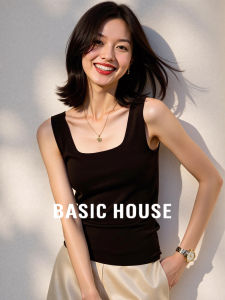 Áo Ba Lỗ Không Tay Dệt Kim Màu Đen Basic House Cổ Vuông Ôm Vừa Vặn Mặc Trong Mùa Thu Đông Cho Nữ