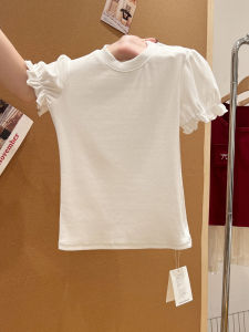 Áo Thun Nữ Cổ Tròn Tay Bồng Xếp Ly Ôm Vừa Vặn Có Đệm Ngực Cotton Mùa Hè Thường Ngày Đi Làm