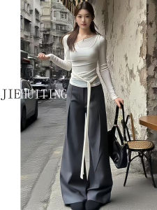 Gray Wide Leg Suit Pants Extended Length High Waist Casual Floor Length Trousers for Women Autumn Slimming Loose Fit