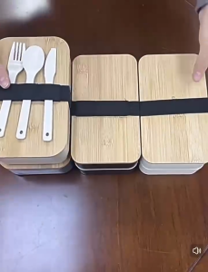 2Layers 1200ml Large Capacity Bento Box Bamboo Lid Double Layer Lunch Box with Tableware Set Bento Lunch Box