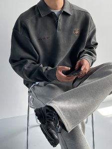 DAVID&ME | Retro Washed Embroidered Patchwork Polo-style Sweatshirt