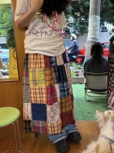 กระโปรงทรงเอเอวสูงพิมพ์ลายสก็อตสีสันสดใสสำหรับผู้หญิง กระโปรงทรงเอยาวปานกลางสไตล์วินเทจสไตล์ชาติพันธุ์กระโปรงแฟชั่นฤดูใบไม้ผลิ