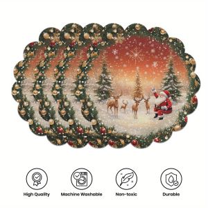 VIKAMA 4PC Santas Reindeer Placemats Snowflake Wavy Edge Round Family Gathering Christmas Table Decor and Accessories