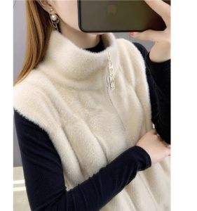 Womens Thickened Woolen Sweater Vest 2024 Winter High Collar Sleeveless Regular Length Zipper Closure Mink Velvet Outerwear