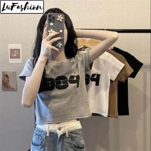 LuFashion Korean Crop Tops for Women Summer Print Short Sleeve Casual T-Shirts