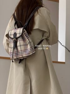 Korean Style Versatile Plaid Bucket Bag Casual Commuter Womens Bag Middle Vintage School Style Backpack Fashionable Ladies Purse