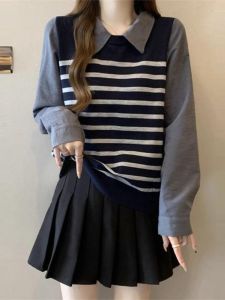 Korean Design Stripe Splicing Fake Two-Piece Knitted Shirt Womens Spring New Fashion Turn-down Collar Long Sleeve Top Trendy