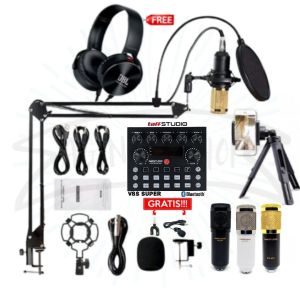 Promo Paket Lengkap Rekaman Mic Condenser BM800 Free Headset Bando + Tripod smartphone + SoundcardV8