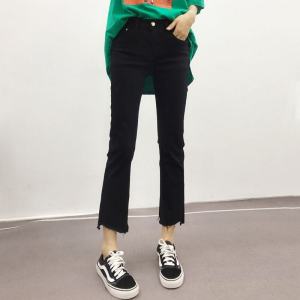 High Waist Bell Bottom Jeans Womens Denim Nine Points Eight Points Irregular Frayed Hem Small Size Cotton Stretch Denim