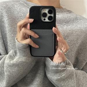 AnnaCase Simple High-End Black Grey Card Holder Lychee Pattern Compatible with iPhone 17 pro Max Apple 17 Phone Case 14 New 15 pro Leather 16 pro Max Anti-Fall Protective Cover