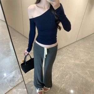 Deep Grey Low Waist Wide Leg Pants Womens Casual Loose Fit Drawstring Floor Length Trousers Spring New Style Slimming