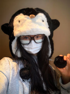 Cute Penguin Heattech Plush Bonnet Children Autumn and Winter Thickened Cold Protection Earflaps Lei Feng Hat Cycling Ski Cap Students