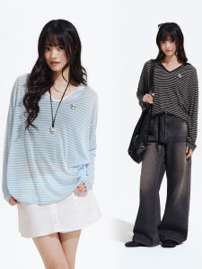 PSO Brand | Breathable Tencel V-Neck Dog Stripe Hooded Loose Casual Long Sleeve T-shirt