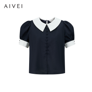 AIVEI | Gentle Korean Style Collarless Bubble Sleeves Contrast Color Shirt