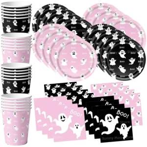 Hasbro | Halloween Ghost Boo Disposable Tableware Set Cute Pink Black Theme Plates Cups Napkins Girl Halloween Birthday Party Decorations