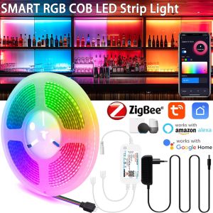 5M 10M 24V Zigbee3.0 RGB COB LED Strip Light Tape 840leds/m Flexible LED String Light Home Decor Tuya Zigbee APP Fr Alexa Google