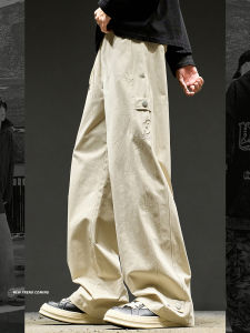 กางเกงขายาวทรงตรงหลวมๆ สีขาว กางเกงขายาวทำงานสไตล์อเมริกันสำหรับผู้ชาย ฤดูใบไม้ผลิ 2025 กางเกงขายาวทรงตรงปักลายแฟชั่น