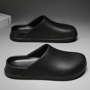 Mens Summer Anti-Slip Waterproof Head Cover Slippers Driving Workwear Black Half Slippers Thick Bottom EVA Shoe for Daily Use