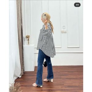 Kemeja Wanita Lengan Panjang Baju Atasan Oversize Jumbo Bigsize Casual Garis-garis Warna Hitam Longgar