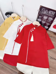 Áo dài bé trai set 3 màu áo kèm quần lụa chuông đeo sz 10-30kg áo dài cách tân bé trai 2026