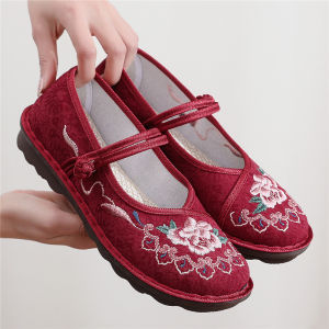 รองเท้าคัชชูปักลายพื้นแบนสำหรับผู้หญิงแบบใหม่ฤดูใบไม้ผลิและฤดูร้อนและฤดูใบไม้ร่วงปี2023รองเท้าใส่กับชุดฮั่นฝูสไตล์จีนรองเท้าผ้าปักกิ่งโบราณหัวกลมสไตล์ชนเผ่า