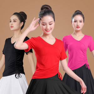 Modale Drawstring Short Sleeve Dance Practice Uniform Yoga Clothes Square Dance Womens Summer Fitness Clothing Pure Color