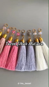 TASSEL JILBAB MUTIARA TOPI + RING EMAS TASSEL RUMBAI JILBAB BAHAN POLY SILK