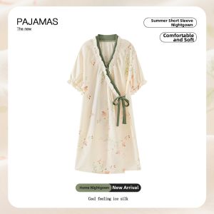 miiow | Womens Ice Silk Kimono Summer Lightweight Breathable Country Style Sleepwear Home Clothes Floral Pattern Polyester Fiber